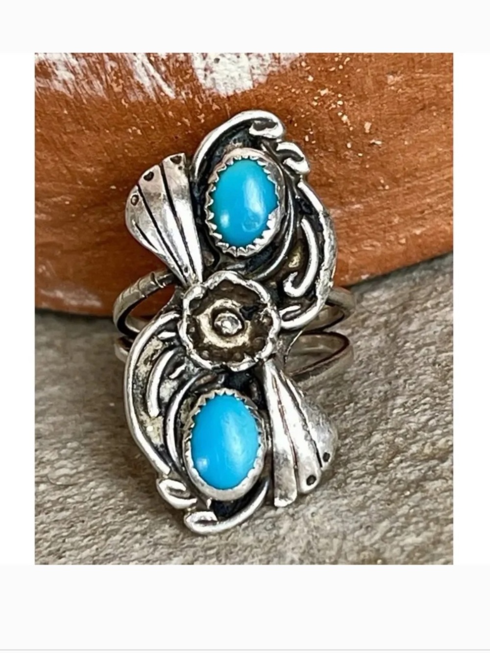 Navajo Sterling Silver Double Stone Turquoise Ring